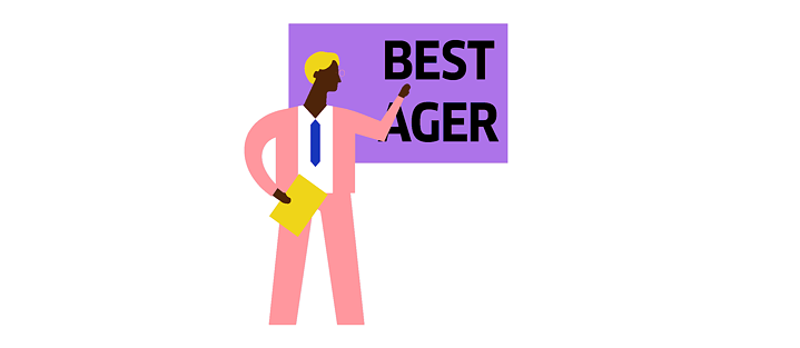 Illustration: Male person points to a board on which the words “Best Ager” can be read.