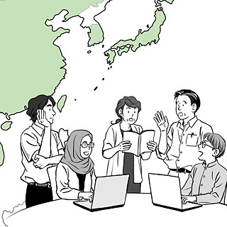  Illustratives Bild von Menschen, die an Laptops vor einer Karte arbeiten.