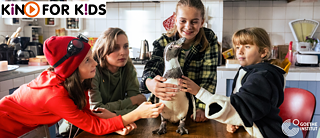 Vier Kinder versammeln sich um einen Tisch und spielen mit einem freundlichen Pinguin in einer spielerischen Umgebung