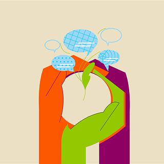 Hands holding the Earth, from which a plant grows, while speech bubbles rise.