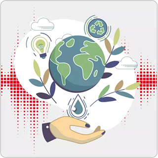 Image with Earth and recycling symbol, rain drop and clouds.