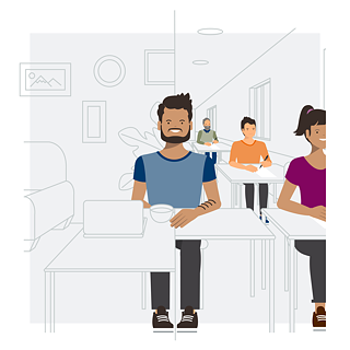 Illustration of a group seated at tables: on the left in an home environment, on the right in a classroom