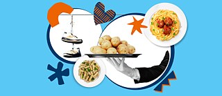 Collage of food photos from above, shoes and an arm serving potatoes on a plate.