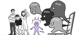 Cartoon depiction of people looking at a computer together and being overwhelmed by fake news and hate speech.