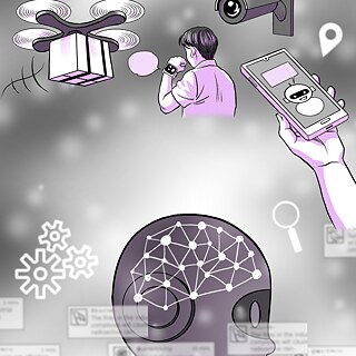 A person holding a cell phone with a drone in the background shows the connection between technology and innovation.