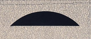 Graphic of a black upper part of a circle on beige background of typewritten letters
