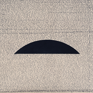 Graphic of a black upper part of a circle on beige background of typewritten letters