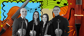 Foto des Streichquartetts vor einem bunten Hintergrund