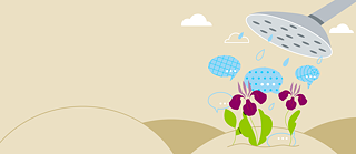 Watering can that waters flowers and speech bubbles.