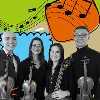 Photo of the string quartet in front of a colorful background