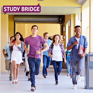 Teenagers running across a school campus, preparing for future academic opportunities through the Study Bridge German language program