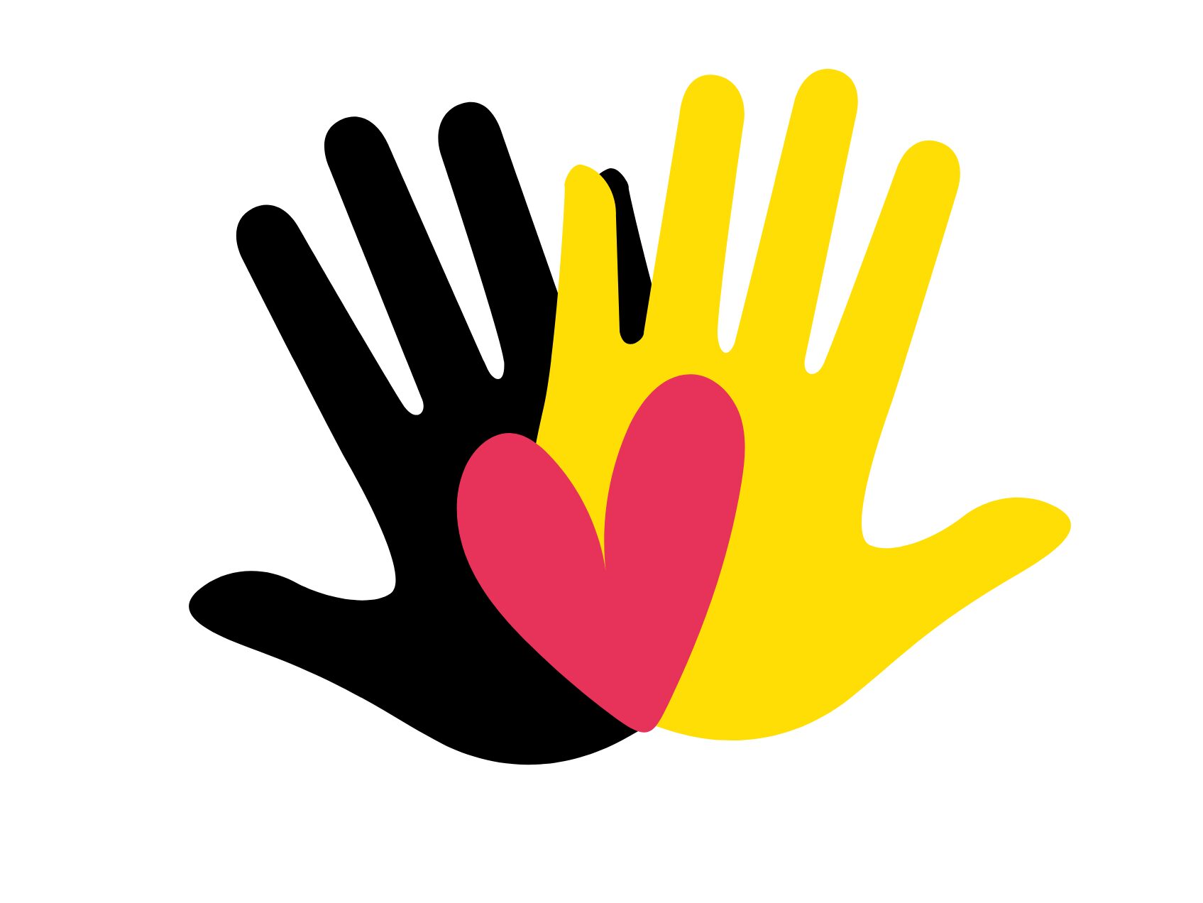 Une main noir et une main jaune sont superposées et au milleu se trouve un coeur rouge