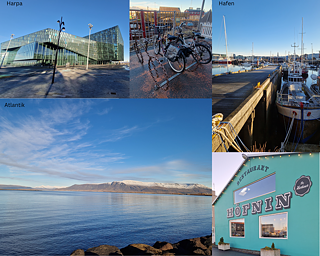 Oben links: Harpa – das Konzert- und Konferenzhaus in Reykjavík / Unten links: Blick auf den Atlantik / Oben rechts: Blick auf den Hafen / Unten rechts: Blick auf das Restaurant Höfnin in Rekjsvik