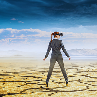 Mujer adulta en traje con lentes de realidad virtual parada en un desierto.
