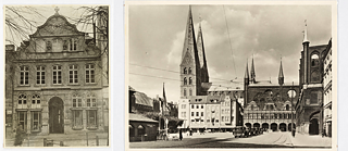 Eine Collage von zwei schwarz-weiß Fotos. Links: Das Buddenbrooks-Haus in Lübeck. Rechts: Blick auf Lübecks Marktplatz mit der Marienkirche.