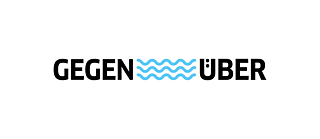 Logo on white background: The words GEGEN and ÜBER are separated by light blue waves