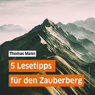 Ein Berg davor Schriftzug mit "Lesetipps für den Zauberberg" und "Thomas Mann"