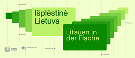 Eine abstrakte Illustration, gebildet aus zwei geometrischen Figuren in Grün, hellgrüne Hintergrund, Titel „Išplėstinė Lietuva“ auf Litauisch und „Litauen in der Fläche“ auf Deutsch