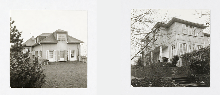 Collage zweier schwarz-weiß Bilder eines zweistöckigen Hauses in Küsnacht, Zürich.