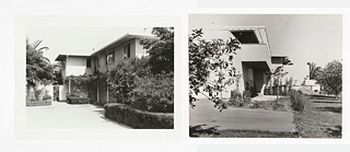 Eine Collage von zwei schwarz-weiß Fotos aus den 1940er-Jahren nebeneinander. Die Fotos zeigen dasselbe, zweistöckige Gebäude, einmal von vorne und einmal von hinten. Es ist weiß, hat mehrere Fenster über beide Stockwerke verteilt und liegt im Grünen.