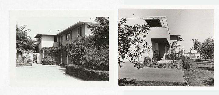 Eine Collage von zwei schwarz-weiß Fotos aus den 1940er-Jahren nebeneinander. Die Fotos zeigen dasselbe, zweistöckige Gebäude, einmal von vorne und einmal von hinten. Es ist weiß, hat mehrere Fenster über beide Stockwerke verteilt und liegt im Grünen.