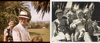 Collage: links ein Farbfoto von Thomas Mann und seiner Tochter Elisabeth, draussen im Garten mit Palmen stehend, Thomas Mann mit Hut und Brille. Rechts: schwarz-weiß Foto von Katia Mann mit Enkel Frido Mann, Thomas Mann mit Enkelin Toni Mann.