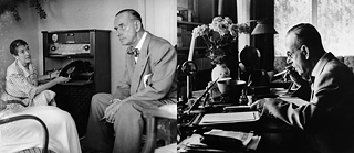 Eine zweigestellte Darstellung: links sitzen Erika und Thomas Mann in ihrem Wohnzimmer in Kilchberg am Zürichsee. Erika legt eine Schallplatte auf einen alten Plattenspieler. Thomas Mann sitzt auf der Lehne eines Sofas und hört aufmerksam zu. Rechts: Thomas Mann in seinem Arbeitszimmer, umgeben von verschiedenen Gegenständen wie Papieren, Büchern und Blumen.