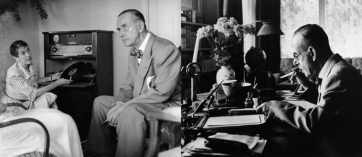 Eine zweigestellte Darstellung: links sitzen Erika und Thomas Mann in ihrem Wohnzimmer in Kilchberg am Zürichsee. Erika legt eine Schallplatte auf einen alten Plattenspieler. Thomas Mann sitzt auf der Lehne eines Sofas und hört aufmerksam zu. Rechts: Thomas Mann in seinem Arbeitszimmer, umgeben von verschiedenen Gegenständen wie Papieren, Büchern und Blumen.