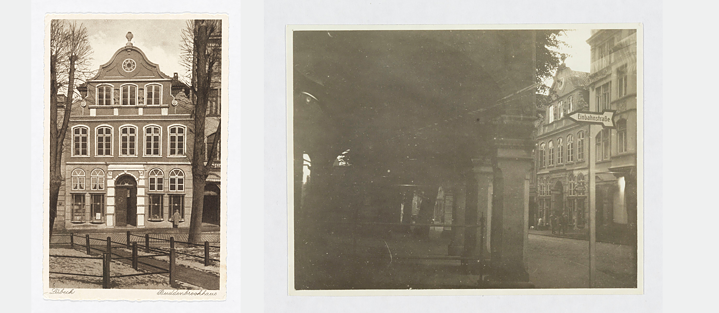 Das Buddenbrookhaus in Lübeck, links in der Frontalansicht, rechts mit Blick von der Straßenecke Breite Straße/Mengstraße