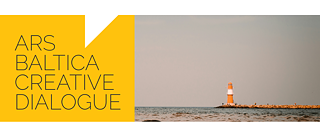 Split image with yellow background and black text on the left reading 'ARS BALTICA CREATIVE DIALOGUE' on the right, a calm sea with a rocky breakwater and an orange and white lighthouse under a clear sky