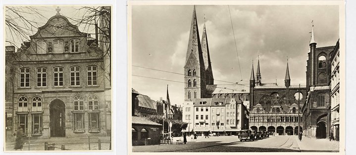 Eine Collage von zwei schwarz-weiß Fotos. Links: Das Buddenbrooks-Haus in Lübeck. Rechts: Blick auf Lübecks Marktplatz mit der Marienkirche.