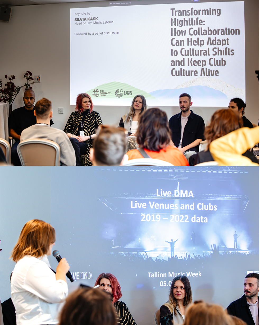 A composite image from a conference. The top section shows a panel discussion with several people seated on stage in front of an audience. A screen behind them reads: Transforming Nightlife: How Collaboration Can Help Adapt to Cultural Shifts and Keep Club Culture Alive. Keynote by Silvia Käsk, Head of Live Music Estonia. Followed by a panel discussion. The bottom section shows a speaker presenting data on live venues and clubs, with a screen displaying: Live DMA. Live Venues and Clubs 2019–2022 data. Tallinn Music Week 05.05.