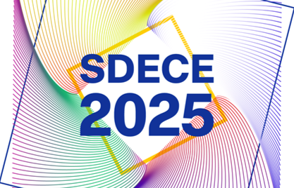 A colorful abstract design featuring curved lines in purple, green, yellow, and red. The title sdece 2025 in the middle