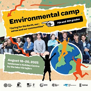 Promotional poster for an environmental camp In the background a group of students is sitting together. Colorful graphics show children jumping around a globe Logos of various supporting organizations are displayed at the bottom
