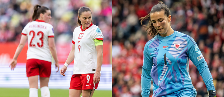 Das Bild zeigt zwei Szenen eines Fußballspiels. Links sind zwei Spielerinnen der polnischen Nationalmannschaft zu sehen: Die linke trägt die Rückennummer 23 und den Namen ‚Zychowska‘, die rechte ist Kapitänin mit der Nummer 9. Rechts im Bild steht eine Torhüterin aus Wales in einem blau-lila Torwarttrikot mit Handschuhen und der Nummer 1.