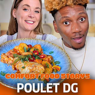 Die beiden ProtagonistInnen Rahel und Aurelien am oberen Bildrand, darunter ein Teller mit dem Hähnchen-Gericht Poulet DG