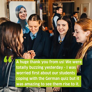 A group of pupils. A girl looking directly into the camera. Superimposed the following text: A huge thank you from us! We were totally buzzing yesterday - I was worried first about our students coping with the German quiz but it was amazing to see them rise to it. 