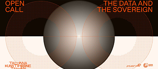 Promotional poster for an open call titled The Data and The Sovereign by Tallinn Art Hall. The design features two overlapping gradient circles forming a central sphere. OPEN CALL appears in bold orange text in the top left, and THE DATA AND THE SOVEREIGN in the top right.