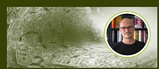 Ein dunkelgrün getöntes Foto zeigt eine Welle in Form von Dollarscheinen. 