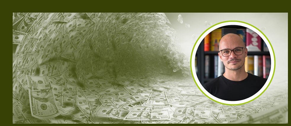 A dark green tinted photo shows a wave in the form of dollar notes.