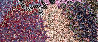 “Encontro da terra seca, água doce e água salgada”, 2024. Tinta acrílica e marcador permanente sobre linho cru.