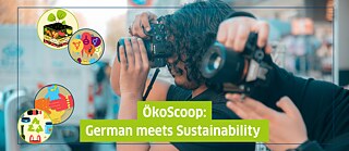 Bild eines Jungen, der mit einer professionellen Kamera auf der Straße fotografiert, mit kleinen Illustrationen als Sprechblasen aus den Gimagine Award-Modulen zu Nachhaltigkeit und Vielfalt.