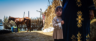 Frau mit kleinem Kind und Pferd 