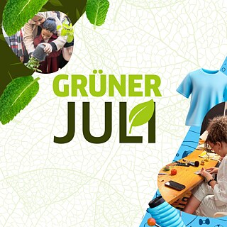 صورة تحمل عنوان "grüner Juli" وسط أوراق خضراء، تحيط بها صور ورش عن الزراعة والاستدامة.