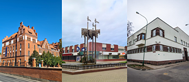 Drei Fotos mit den Gebäuden in Klaipėda: Backsteinarchitektur, Haus aus der Sowjetzeit und ein Haus im Bauhausstil
