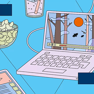 Ilustración de una laptop con película y popcorn