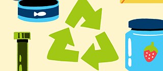 Illustration von Bismuto aus unserer Gimagine Award-Plattform, die ein grünes Upcycling-Dreieck und einige Flaschen zeigt.