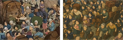 Two Studio Ghibli-style images placed next to each other show large crowds of people. On the left, many people are standing or sitting densely packed in a rocky environment. On the right, a dense crowd of people can also be seen, but in a darker, shadier environment with fewer visible details.