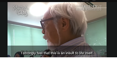 A person with white hair stands indoors in front of green blinds. Their face is blurred. At the bottom of the image, the text reads: 'I strongly feel that this is an insult to life itself.'