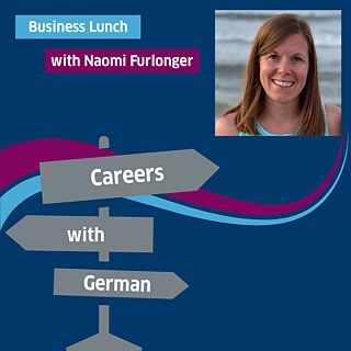 Portrait photo of Naomi Furlonger on the right, grey signpost on a dark blue background with the words ‘Careers with German’ on the left. 